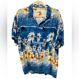 Vintage Hawaiian Camp Shirt Sailboats Palm Trees Ocean Rayon Men’s L